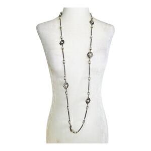 Floral Faux Pearl Two Tone Long Station Necklace